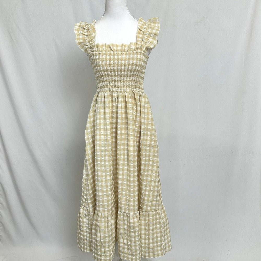 Unbranded Women Sz Small Gingham Midi Dress Tan White Cottagecore Picnic Ruffle